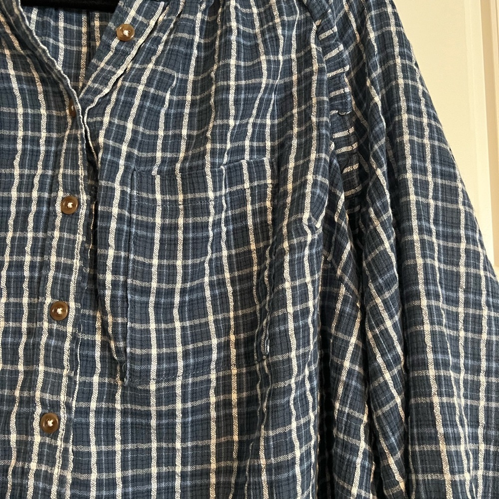 Anthropologie Pilcro Plaid Blouse 1X XL 2X Blue Button-down Shirt Dress - Picture 7 of 7